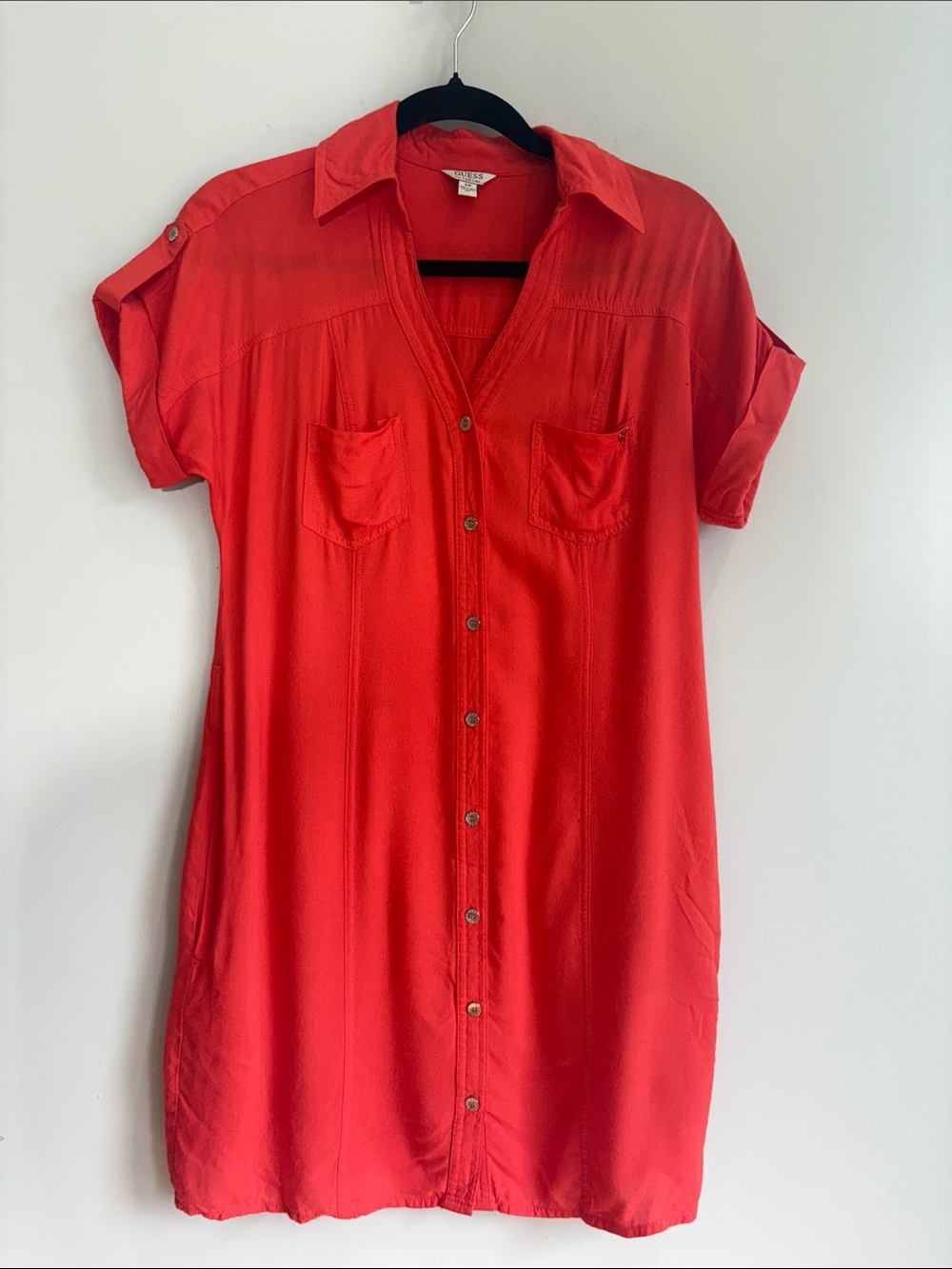 GUESS Coral Red Button-Front Tunic Shirt Dress / Small
